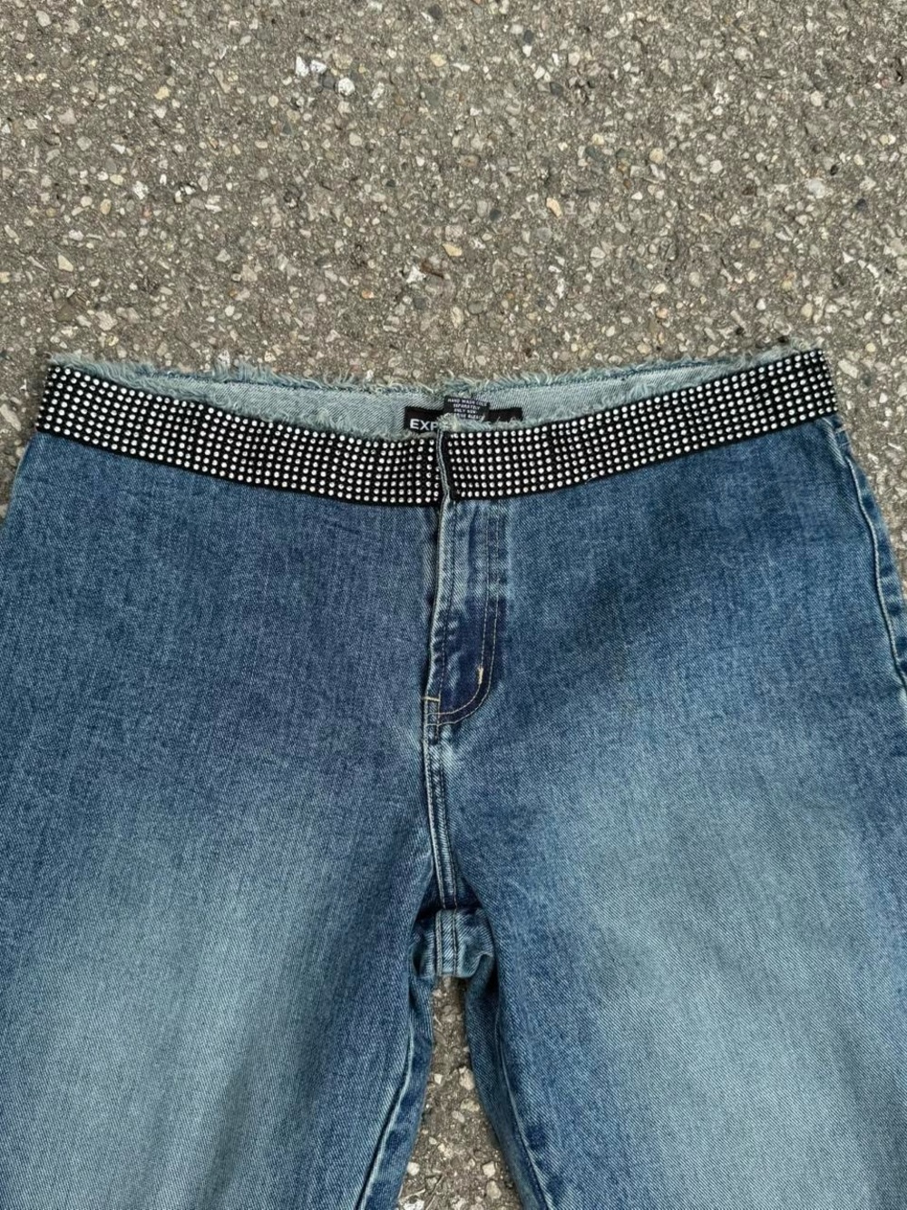 Women's Blue Flare Jeans with Embellished Waistband - Picture 2 of 6